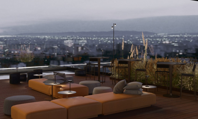 Rooftop with seating and dining tables